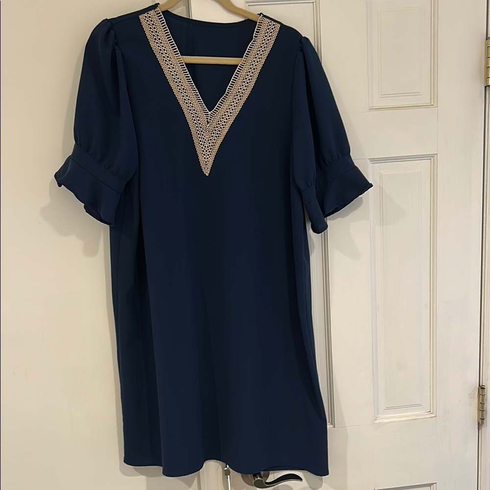 Navy Shift Dress with Khaki Lace V-Neck